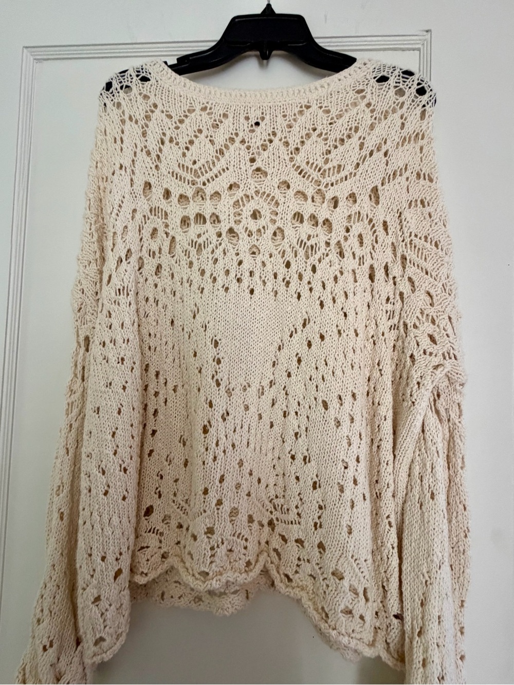 Free People Cream Crochet Openwork Scoop Neck Sweater